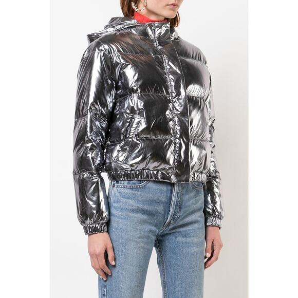 Alice + Olivia Durham Silver Mirror Goose Down Hooded Puffer Jacket Coat Large